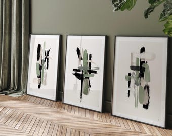 Sage Abstract wall art| set of 3 prints| Neutral Black & Beige| Thick paint texture brushstrokes| green wall art prints| paint detail prints