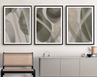 Acrylic Paint abstract Art Prints|Green sage olive olive | Neutral decor| Natural decor | block colour brush strokes | set of 3 | olive