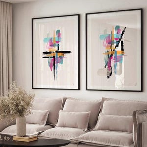 Kleurrijke abstracte kunst aan de muur | helderroze groen | Set van 2 prints| Boho-stijl | Penseelstreekkunst| kunst aan de muur| moderne pop-art