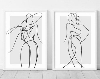 Woman line Art Print| Female line drawing|  Wall decor|fashion prints| romantic prints|Grey neutral| classy elegant abstract art| set of 2