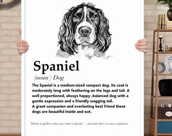 Spaniel Dog Wall Art Print, Black and White Pet Illustration, Definition Poster, Dog Lover Gift, Modern Minimalist Animal Decor