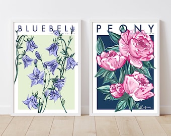 Botanical Gallery Wall Set, Modern Floral Art Prints, Set of 2 Flower Posters, Bluebell and Peony Illustration, Aesthetic Home Decor