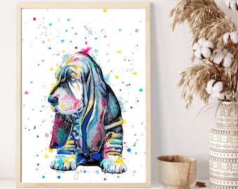 Basset hound Print | Wall art decor| basset hound Poster| watercolour painting | pet portrait | Dog lovers gift |basset portraits decor