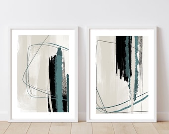 Acrylic Paint abstract Art Prints| Black Beige cream Emerald Green | Neutral decor| Natural decor | block colour brush strokes | set of 2 |