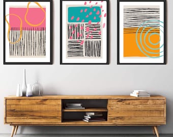 Bright colour pop prints| abstract wall art decor| 80s style prints| retro style prints | modern contemporary| set of 3 prints| candy colour