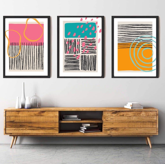 Bright colour pop prints| abstract wall art decor| 80s style prints| retro style prints | modern contemporary| set of 3 prints| candy colour