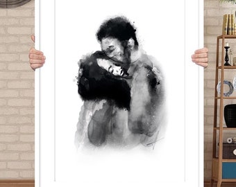 Watercolour lovers Print | couple kissing| Wall art decor|fashion prints| romantic prints|Black white grey neutral decor  | classy elegant