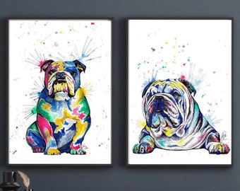 English Bulldog Print |British Bulldog print Poster | watercolour Bulldog| rainbow Dog walk art | Dog lovers gift | Set of 2