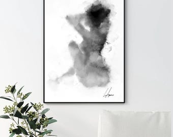 Watercolour Female Art Print | Black and White Nude Woman Wall Art | Minimalist Decor | Romantic Prints |Bedroom and Living Room Print