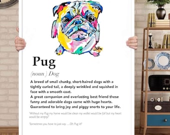 Pug Definition Wall Art, Funny Dog Breed Print, Watercolor Pug Poster, Colorful Pet Quote Art, Pug Lover Gift, Dog Decor