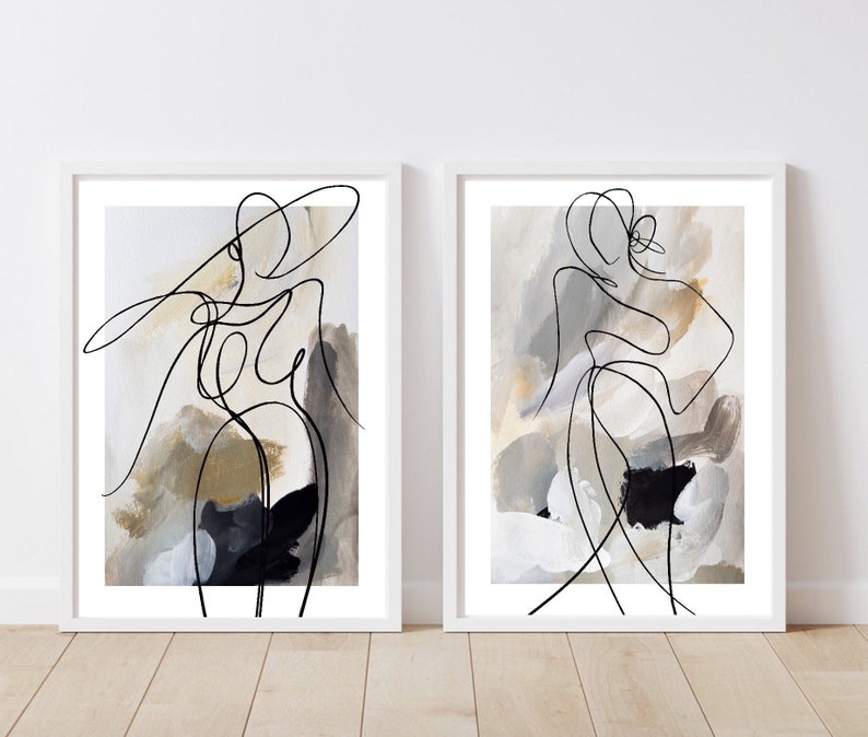 May include: Two abstract line drawings of figures in black on a white background. The figures are surrounded by abstract shapes in shades of brown, beige, and black.