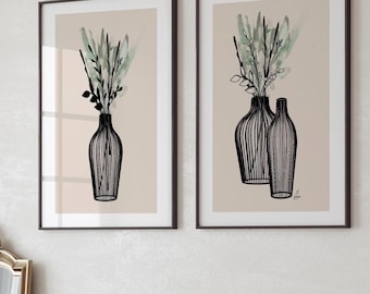 SAGE Wall Art Prints|Green beige decor | Neutral colours | floral vase |thick brush strokes| set of 2| living room| Boho