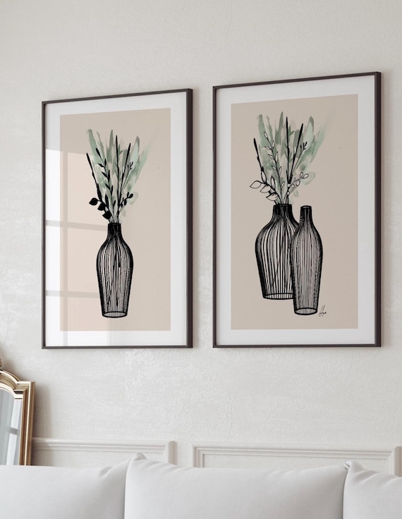 SAGE Wall Art Prints|Green beige decor | Neutral colours | floral vase |thick brush strokes| set of 2| living room| Boho