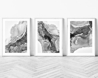 Marble Fluid abstract wall Art Print| Black Grey gray gris monochrome| bedroom decor interiors |gift modern abstract | set of 3