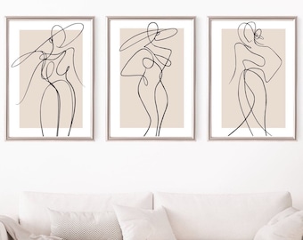 Abstract wall art prints|set of 3 prints| Black & Beige| woman line art prints| Classy wall art| On trend prints| Neutral aesthetic|Elegant