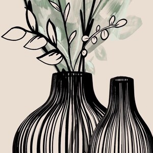 May include: Black and white illustration of two vases with vertical lines. The vases hold stems with leaves and small sprigs. The background has a soft green and beige color palette.