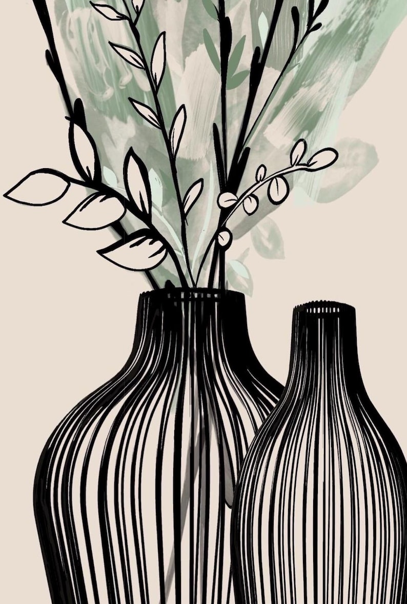 May include: Black and white illustration of two vases with vertical lines. The vases hold stems with leaves and small sprigs. The background has a soft green and beige color palette.