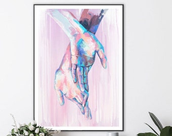 Abstract Hand Art Print, Colorful Hands Artwork, Modern Wall Decor, Vibrant Art Print, Minimalist Home Decor, Hand-In-Hand Poster, Love Art