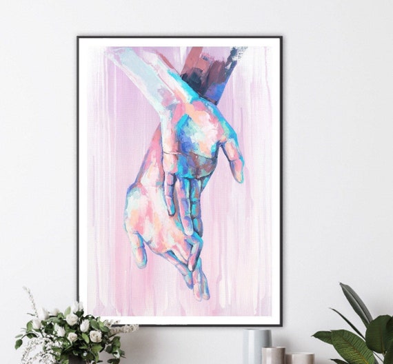 Abstract Hand Art Print, Colorful Hands Artwork, Modern Wall Decor, Vibrant Art Print, Minimalist Home Decor, Hand-In-Hand Poster, Love Art