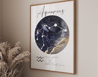 Aquarius Star sign Print | Horoscope Print |zodiac sign print | Wall art decor | Birth Sign poster| star constellations| astrology signs