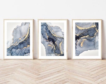 Marble Fluid abstract Art Print Navy Blue gold grey bedroom decor interiors wall art gift modern abstract | set of 3