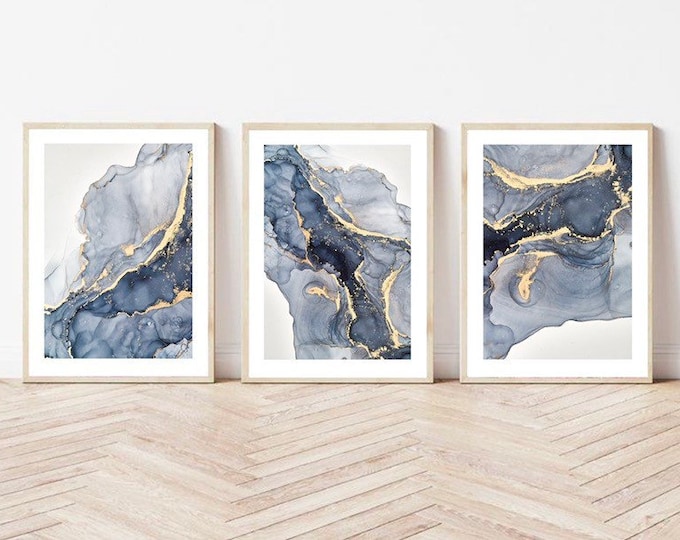 Featured listing image: Marble Fluid abstract Art Print Navy Blue gold grey bedroom decor interiors wall art gift modern abstract | set of 3