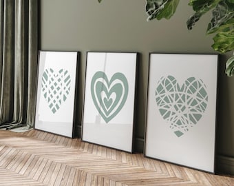 Sage Green Heart Prints Set: Abstract Boho Bedroom Wall Art