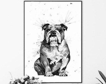 English Bulldog Wall Art, Watercolor Dog Poster, Modern Ink Splatter Art, Pet Lover Gift, Black and White Animal Decor, Bulldog Illustration