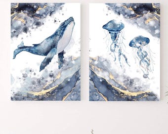 Nautical Wall art prints| Whale & jelly fish Prints |set of 2| Bathroom wall decor|Marble effect Navy Blue Gold