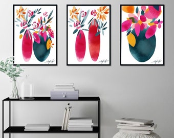 Bright floral vase prints | Abstract flower paintings| colour pop wall art|botanical prints|kitchen dining decor|set of 3 prints| wildflower