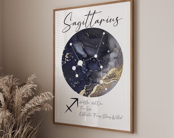 Sagittarius Wall Art, star Constellation Print, blue Alcohol Ink, Gold Accents, Astrology Poster, star sign print, birth sign prints,
