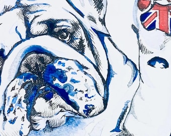 British Bulldog Watercolor Art Print, Union Jack Dog Wall Art, UK Bulldog Illustration, Ink & Watercolor Bulldog Poster, British Dog Lover
