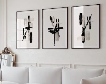 Abstract Wall art set of 3| brushstrokes |contemporary prints| Neutral abstract art|timeless artist prints | beige black grey