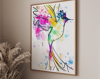 Hummingbird Watercolour Print, Abstract Bird Wall Art, Colorful Ink Splatter Poster, Nature Decor, Vibrant Boho Home Style, bright interiors