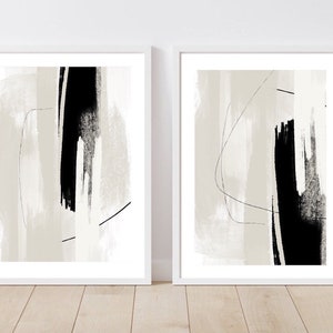 Acrylic Paint abstract Art Prints| Black Beige cream grey| Neutral decor| Natural decor | block colour brush strokes | set of 2 | NOIR