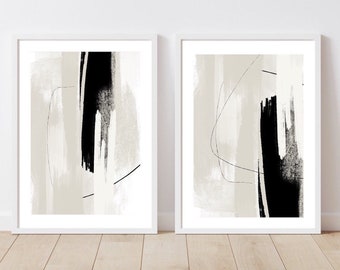 Abstract wall art Prints| Black Beige & cream| Set of 2 prints|Neutral color wall decor|Brush stroke texture prints|Elegant classy interior