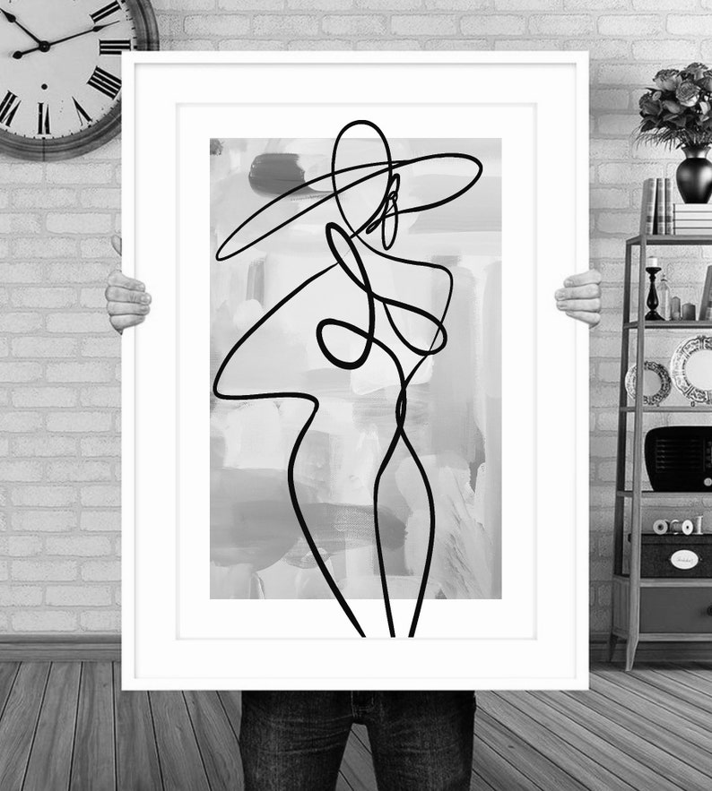 May include: A black and white line drawing of a person with a hat, on a background of abstract gray and white brushstrokes.