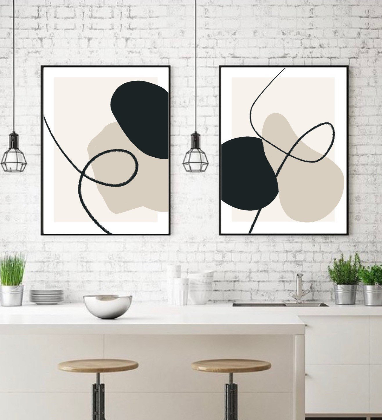 Abstract Shapes Art Prints Black Beige Cream Grey Neutral picture