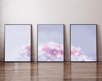Lavender Sky Wall Art Set of 3, Dreamy Cloud Prints, Pink Purple Sunset Decor, Modern Minimalist Artwork, Bedroom living Room, pretty prints