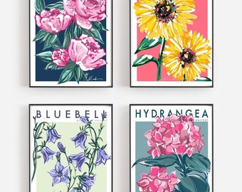 Hydrangea Peony sunflower bluebell flower Prints|botanical prints|colourful florals|set of 4 wall art|colour pop| bright interior decor