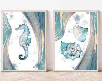 Nautical wall art |Marble effect art | ocean sea life prints| Seahorse & oyster shell |Bathroom decor| green gold wall art| coastal decor