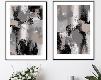 Acrylic Paint abstract Art Prints| Black Beige cream grey| Neutral decor| textured paint print| block colour brush strokes | set of 2| mono