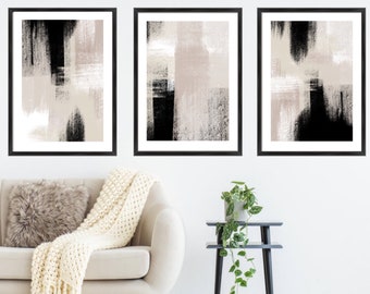 Acrylic Paint abstract Art Prints| Black Beige cream grey| Neutral decor| Natural decor | block colour brush strokes | set of 3 | mono