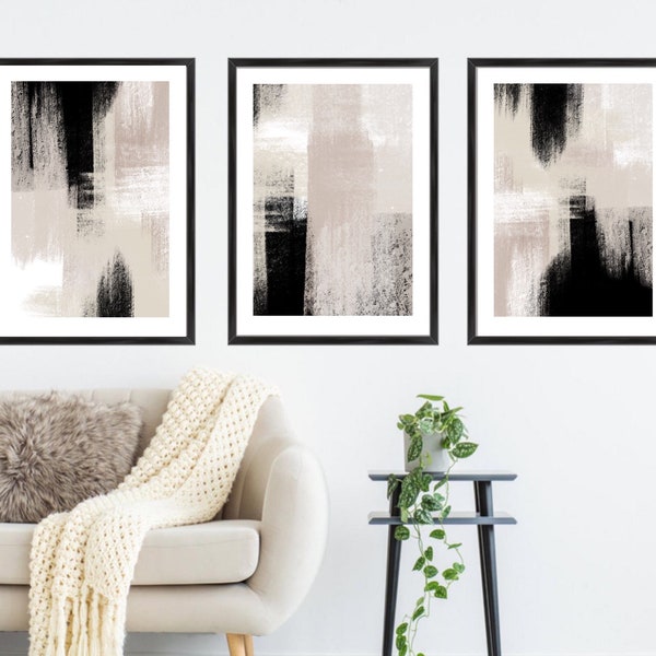 Acrylic Paint abstract Art Prints| Black Beige cream grey| Neutral decor| Natural decor | block colour brush strokes | set of 3 | mono