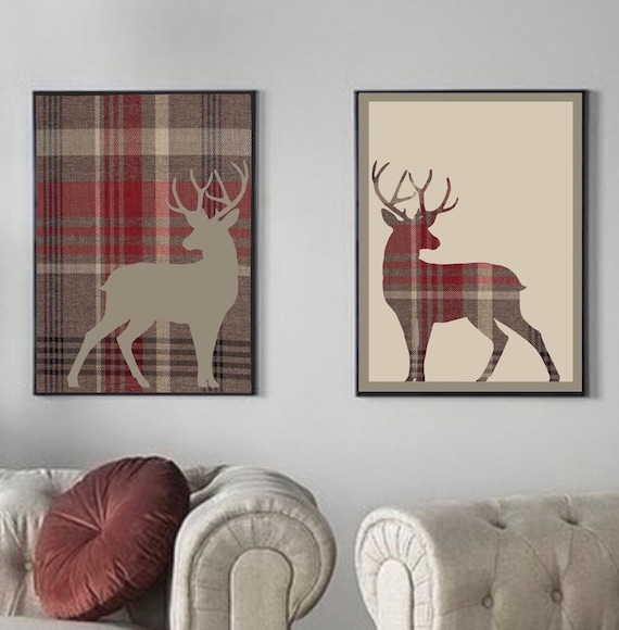 Tartan stag prints| Set of 2 | Country check |Country wall art |Rustic farmhouse pictures| Woodland deer|cosy home decor| Red checked