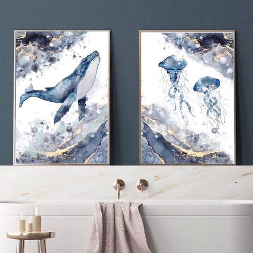 Décor d’art mural nautique| Impression d’art effet marbre | tirages d'art moderne | océan vie marine baleine méduse hippocampe | Impressions de salle de bain | or marine