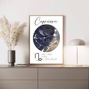 May include: A black and gold watercolor print with the Capricorn zodiac sign. The print features the constellation, the dates of the zodiac sign, and the words "Capricorn", "Earth Sign", "Wise", "Ambitious", and "Responsible".