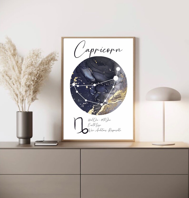 May include: A black and gold watercolor print with the Capricorn zodiac sign. The print features the constellation, the dates of the zodiac sign, and the words "Capricorn", "Earth Sign", "Wise", "Ambitious", and "Responsible".