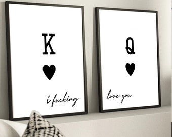 King and Queen of Hearts Wall Art Prints | Playing Card Couples Decor | His and Hers Bedroom Art | Romantic Gift for Couples