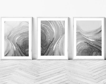 Marble Fluid Art Prints| set of 3 grey monochrome art | alcohol ink prints| abstract swirl prints| black and white decor| centre piece print